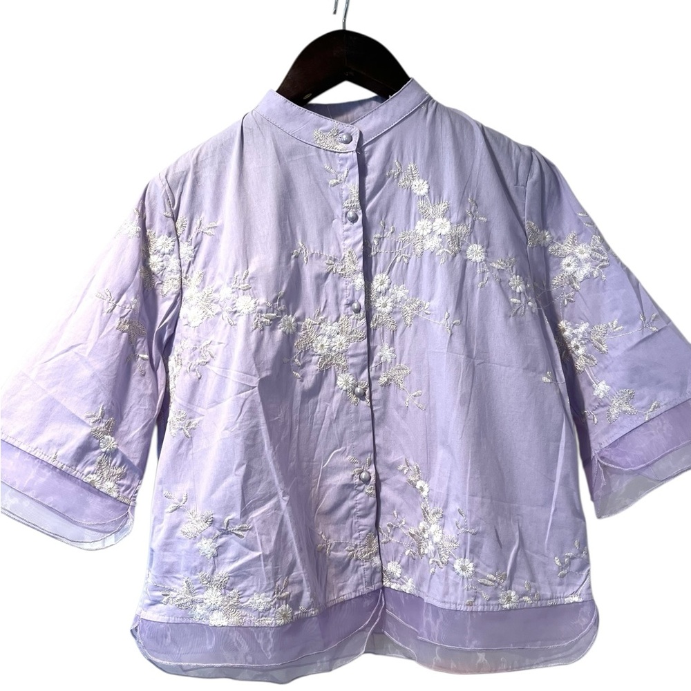 Lilac Embroidered Delicate Blouse Chiffon Cotton Floral L/XL NWT